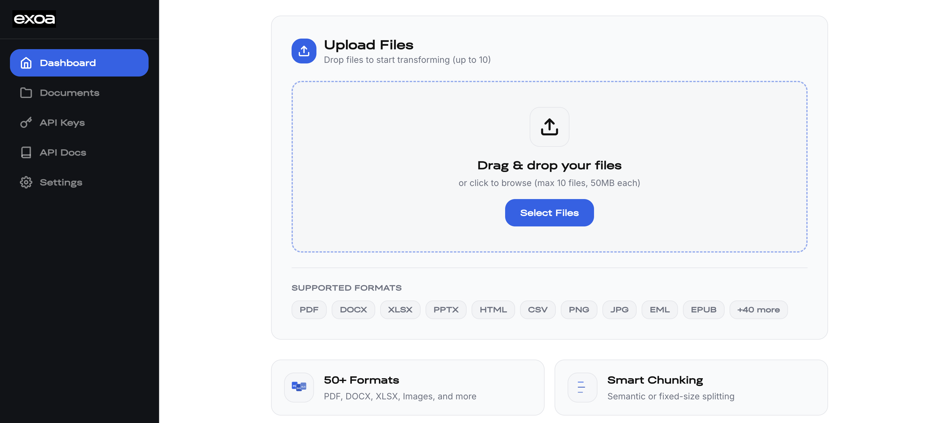 Exoa document intelligence platform dashboard showing file upload, extraction results, and structured output